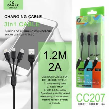 Ellietech CC207 Câble Lightning Type-C Micro usb 3 En 1 2A 1.2M