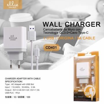 Ellieteche CD401 Chargeur avec Câble Type-C USB 5A QC 3.0 Charge Rapide