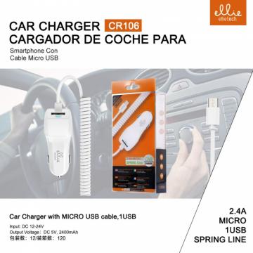 Ellietech CR106 Chargeur Voiture + Câble Micro 1USB 2.4A Blanc