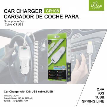 Ellietech CR108 Chargeur Voiture + Câble Lightning 1USB 2.4A Blanc
