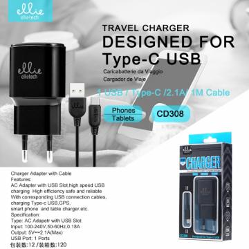 Ellietech CD308 Chargeur avec Câble de Type-C 2.1A 1M Noir
