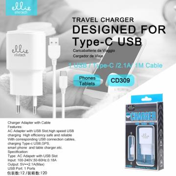 Ellietech CD309 Chargeur avec Câble de Type-C 2.1A 1M Blanc