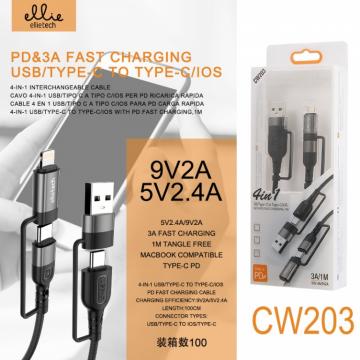 Ellietech CW203 4IN1 Câble USB/ Type-C Vers Type-C / Lightning De Nylon 3A 1M PD Ultra Rapide