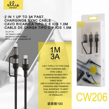 Ellietech CW206 2 IN 1 Câble Type-C Vers USB C+Lightning 1M 3A Ultra Rapid De Nylon