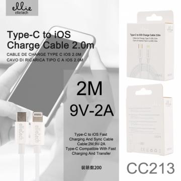 Ellietech CC213 Câble Type-C vers Lightning 2M 9V-2A Charge et Transfert Rapide