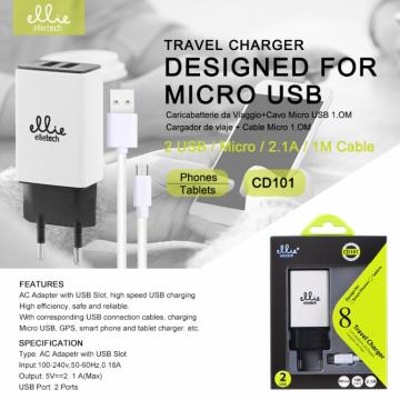 Ellietech CD101 Chargeur avec Câble Micro 2USB 2.1A 1M Blanc