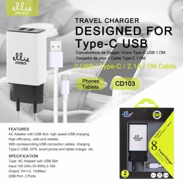 Ellietech CD103 Chargeur avce Câble Type-C 2USB 2.1A 1M Blanc