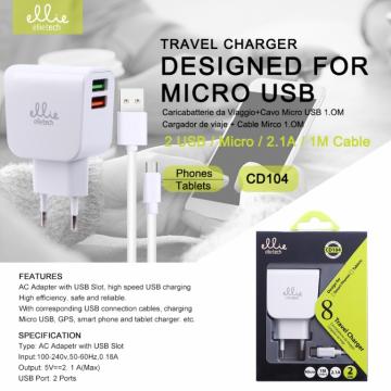 Ellietech CD101 Chargeur avec Câble Micro 2USB 2.1A 1M Blanc