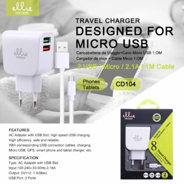 Ellietech CD104 Chargeur avec Câble Micro 2USB 2.1A 1M Blanc