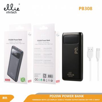 Ellietech PB308 Powerbank PD20W 10000mAh avec Ecran LCD Output 2USB + 1PD 20W Input Micro / Type C OFF30