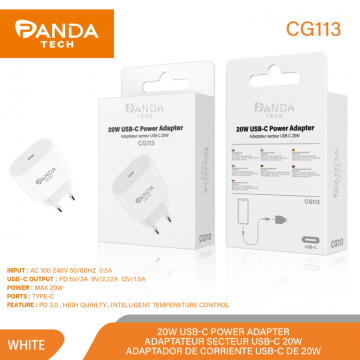 Panda-tech CG113 Chargeur USB-C 20W Charge Rapide Blanc
