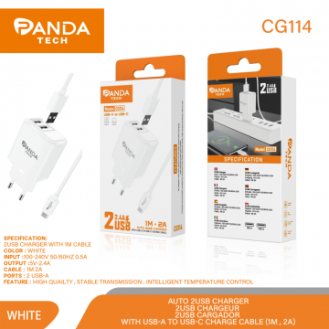 Panda-tech CG114 2-IN-1 2.4A Chargeur Mural avec Câble Type-C 2A 1M