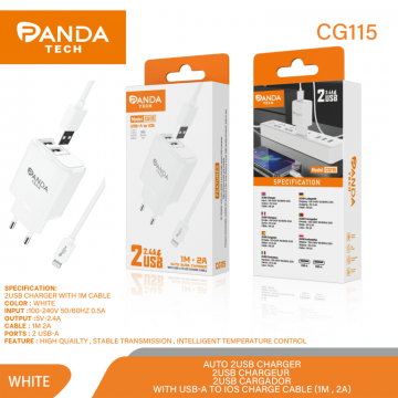 Panda-tech CG115 2-IN-1 2.4A Chargeur Mural avec Câble pour iOS 2A 1M