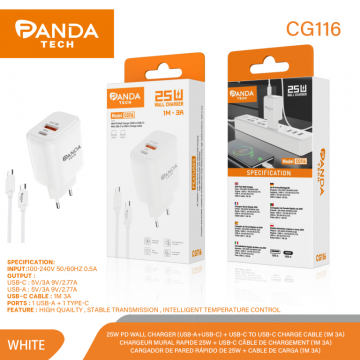 Panda-tech CG116 2-IN-1 25W PD Chargeur Mural avec Câble Type-C 3A 1M