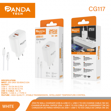 Panda-tech CG117 2-IN-1 25W PD Chargeur Mural avec Câble pour iOS  3A 1M