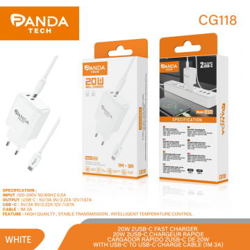 Panda-tech CG118 2-IN-1 20W Chargeur Mural avec Câble Type-C 3A 1M
