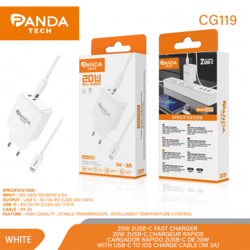 Panda-tech CG119 2-IN-1 20W Chargeur Mural avec Câble pour iOS 3A 1M