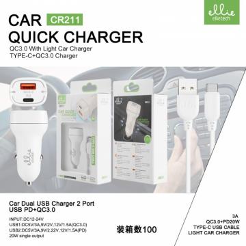 Ellietech CR211 Chargeur de Voiture Double USB 2 Ports PD+QC 3.0 20W Rapide