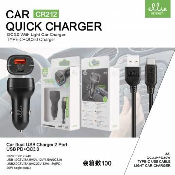 Ellietech CR212 Chargeur de Voiture Double USB 2 Ports PD+QC 3.0 20W Rapide