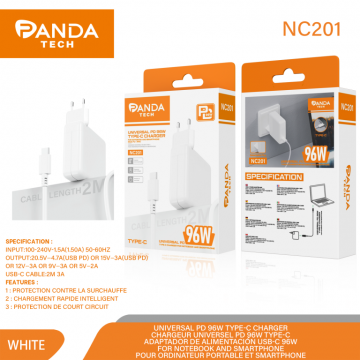 Panda-tech NC201 Universel PD 96W Type-C Chargeur pour Ordinateur et Smartphone 2M