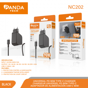 Panda-tech NC202 Universel PD 90W Type-C Chargeurpour Ordinateur et Smartphone 2M