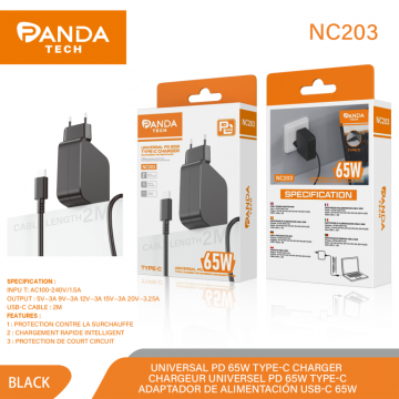 Panda-tech NC203 Universel PD 65W Type-C Chargeur pour Ordinateur et Smartphone 2M
