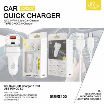 Ellietech CR207 Chargeur Voiture USB Compact Double Port 3A Rapide PD 20W Blanc