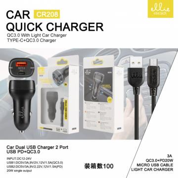 Ellietech CR208 Chargeur Voiture USB Compact Double Port 3A Rapide PD 20W Noir