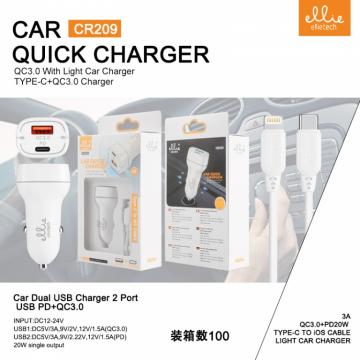 Ellietech CR209 Chargeur Voiture USB Compact Double Port 3A Rapide PD 20W Blanc