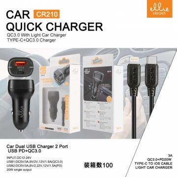 Ellietech CR210 Chargeur Voiture USB Compact Double Port 3A Rapide PD 20W Noir