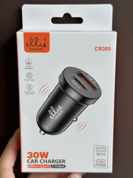 Ellietech CR305 Double Chargeur de Voiture 2 Ports USB avec Cable Type C 3A 30W  Noir