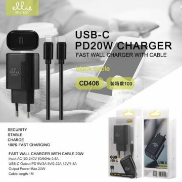 Ellietech CD406 Chargeur d'entrée Type C avec câble pour iPhone Fast Charging PD 20W