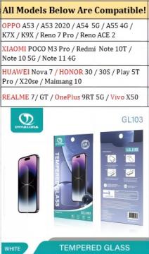 Film Protection d'écran en Verre trempé pour Oppo A53 / A53 2020 / A54  5G / A55 4G / K7X / K9X / Reno 7 Pro / Reno ACE 2 / Vivo X50 / Realme 7/ GT / One Plus 9RT 5G / Xiaomi POCO M3 Pro / Redmi  Note 10T / Note 10 5G / Note 11 4G